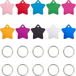 Mixed Color Aluminium Pendants, Pet Tag, Stamping Blank Tag, with Iron Split Key Rings, Star, Mixed Color, 35x36x1mm, Hole: 4mm, 40pcs/box