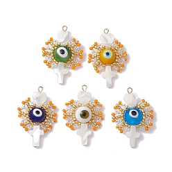 Mixed Color Natural Shell Heart & Cross Pendants, Handmade Evil Eye Lampwork & Glass Seed Beaded Charms, Mixed Color, 35~36x22~25x9~10mm, Hole: 1.5mm