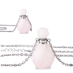 Cuarzo Rosa Colgante de frasco de perfume facetado de cuarzo rosa natural 304 Collares de cadena de cable de acero inoxidable, color acero inoxidable, 18.90 pulgada (48 cm)