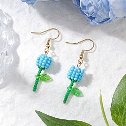 Темно-Голубой Круглые стеклянные бусины класса А, серьги-подвески в виде цветка, с прозрачными акриловыми подвесками и 304 булавками с плоской головкой из нержавеющей стали и 304 крючками для сережек из нержавеющей стали, золотые, глубокое синее небо, 46.5x13 мм