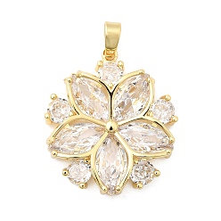Настоящее золото 18K Латунные микропаве прозрачные подвески с фианитом, цветок, реальный 18 k позолоченный, 24x21x5.5 мм, отверстие : 4.5x2.5 мм