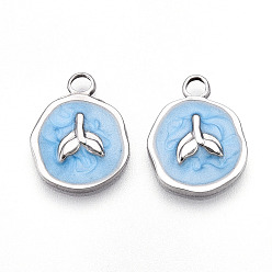 Светло-Голубой 304 подвески из нержавеющей стали, с эмалью, плоский круглый с подвесками «рыбий хвост», цвет нержавеющей стали, Небесно-голубой, 16.5x13x2.5 мм, отверстие : 2.5 мм