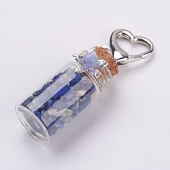 Lapis Lazuli Clear Glass Bottle Lapis Lazuli Pendant Decorations, with Heart Alloy Lobster Claw Clasps, 75mm