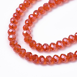 Orange Red Electroplate Glass Beads Strands, Pearl Luster Plated, Faceted, Rondelle, Orange Red, 8x6mm, Hole: 1mm, about 65~72pcs/strand, 15.7~16.1 inch(40~41cm)