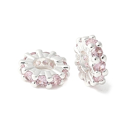 Бледно-Розовый Латунные микро проложить кубического циркония бусы, без кадмия, без никеля и без свинца, форма колеса, 925 серебро покрытием, розовый жемчуг, 8x2 мм, отверстие : 3.8 мм