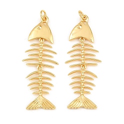 Real 18K Gold Plated Brass Pendants, Fishbone Charms, Rack Plating, Long-Lasting Plated, Lead Free & Cadmium Free, Real 18K Gold Plated, 43x16x2mm, Hole: 3mm