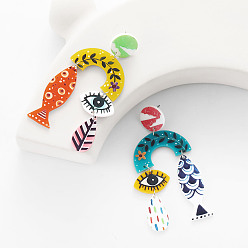 Разноцветный Акриловые болтаться серьги стержня, рыба с глазом, красочный, 73x46 мм