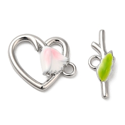 Real Platinum Plated Brass Toggle Clasps, with Enamel, Nickel Free, Heart with Flower, Real Platinum Plated, Heart: 18x14.5x4mm, Hole: 1.6mm, Bar: 6.5x17.5x3mm, Hole: 2mm