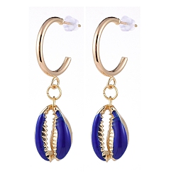 Medium Blue Brass Dangle Stud Earrings, with Alloy Enamel Beads and Plastic Ear Nuts, Cowrie Shell Shape, Medium Blue, 45~46mm, Pin: 0.8mm