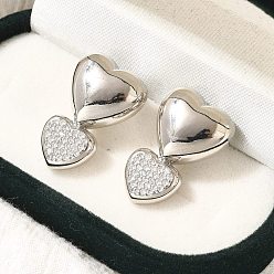 Платина Серьги-гвоздики в форме сердца из латуни с микропаве из прозрачного кубического циркония, долговечный, без свинца и без кадмия, платина, 24.5x16 мм
