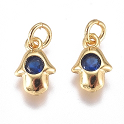 Морской Синий Латунные микро проложить кубического циркония прелести, долговечный, hamsa рука / рука fatima / рука miriam, золотые, Marine Blue, 9x6x2 мм, отверстие : 3 мм