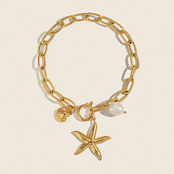 Plaqué 18K Or Véritable 304 Bracelets à breloques en acier inoxydable en forme d'étoile de mer avec perle d'eau douce naturelle, ornés de perles d'eau douce naturelles., blanc, réel 18 k plaqué or, 8.66 pouce (22 cm)