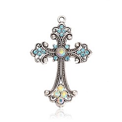 Аквамарин Латинский крест fleuree сплава горный хрусталь большие кулоны, античное серебро, аквамарин, 75x50x6 мм, отверстие : 4.5 мм