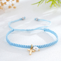 Светло-Голубой Браслеты с подвесками из латуни и искусственного жемчуга, плетеные браслеты из полиэфирного шнура для женщин, овальные с листа, Небесно-голубой, 11.02 дюйм (28 см)