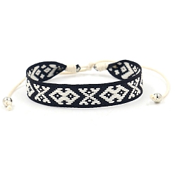White Ethnic Style Polyester Flat with Rhombus Cord Bracelet, Adjustable Bracelet for Women, White, 6-1/4~9-1/2 inch(16~24cm)