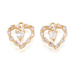 Настоящее золото 18K Подвески из латуни с прозрачным фианитом, сердце, без никеля , реальный 18 k позолоченный, 15x13.5x3.5 мм, отверстие : 1.5 мм