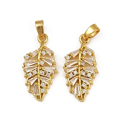 Золотой Подвески из латуни с покрытием из прозрачного кубического циркония, долговечный, лист прелести, золотые, 22.5x11.5x3 мм, отверстие : 5x3 мм