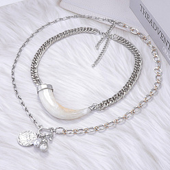 Платина Двухслойные ожерелья из роговой смолы и цинкового сплава с подвеской в виде монеты и пластикового жемчуга для женщин, платина, 18.11~27.56 дюйм (46~70 см), 2 шт / комплект