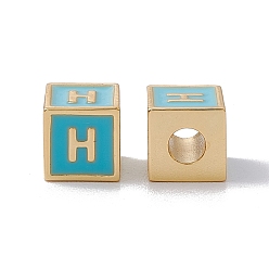 Letter H Стойки покрытие латунь эмаль бисер, без кадмия, без никеля и без свинца, реальный 18 k позолоченный, куб с письмом, голубой, letter.h, 6x6x6 мм, отверстие : 2.5 мм