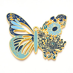 Морской Синий Подвески из эмалированного сплава с гальванопокрытием, без кадмия, без никеля и без свинца, бабочка с цветочными подвесками, золотые, Marine Blue, 55.5x67x2 мм, отверстие : 2.5 мм