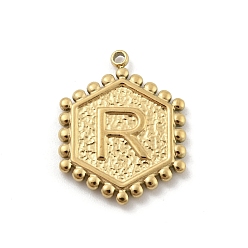Letter R 201 подвески из нержавеющей стали, золотые, шестиугольник с подвеской в виде буквы, Буква R, 21x16.5x2 мм, отверстие : 1.5 мм