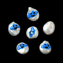 Dodger Blue Baroque Natural Keshi Pearl Beads, Hand Drawn Beads, with Enamel, Freshwater Pearl, Oval, Dodger Blue, 11~14x10.5~12x5~6.5mm, Hole: 0.6mm