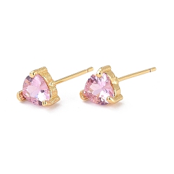 Real 18K Gold Plated Dainty Heart Pink Cubic Zirconia Stud Earrings for Her, Cadmium Free & Lead Free, Real 18K Gold Plated, 7x7.5x4.5mm, Pin: 0.8mm