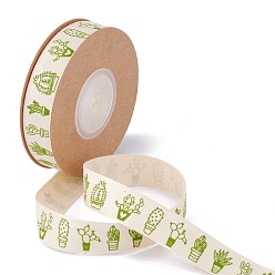 Cactus Single Face Cotton Printed Satin Ribbon, Lawn Green, Cactus Pattern, 5/8 inch(15mm), about 10.93 yards (10m0/roll