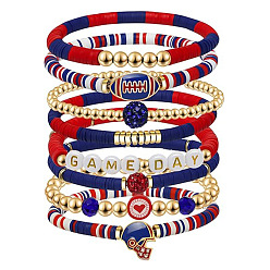Красный 7Набор браслетов из полимерной глины Heishi и пластиковых бусин CCB в стиле регби, украшения из сплава с подвесками для женщин, золотые, красные, внутренний диаметр: 2-3/8 дюйм (6 см)