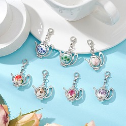 (52) Непрозрачная лаванда Чайник ручной работы с цветочным принтом фарфоровые керамические бусины подвесные украшения, с цинковым сплавом застежками омаров коготь, разноцветные, 38.5 мм