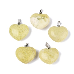 Лимонный Нефрит Натуральный лимон нефритовые подвески, сердце прелести, с защелкой из нержавеющей стали на поручнях, цвет нержавеющей стали, 21~24x22~24x8.5~11.5 мм, отверстие : 6.5~7.5x2~3 мм
