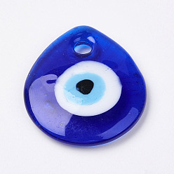 Blue Handmade Lampwork Evil Eye Pendants, Flat Teardrop, Blue, 34x30x5mm, Hole: 4mm