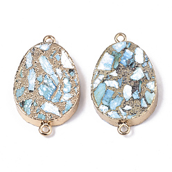 Светло-Синий Соединители из синтетической имперской яшмы, с позолоченным латунным краем и железными петлями, слеза, голубой, 48~50x28~30x5.5 мм, отверстие : 2 мм