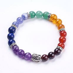Mixed Stone Chakra Natural Mixed Stone Stretch Bracelets, with Alloy Finding, Burlap Packing Pouches Drawstring Bags, 2 inch(50mm)