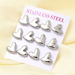 Нержавеющая Сталь Цвет 6 пары 304 серьги-гвоздики из нержавеющей стали, сердце, цвет нержавеющей стали, 14x14 мм