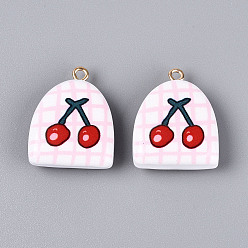 Розовый Печатные акриловые подвески, арка с вишневыми подвесками, с латунной найти, туманная роза, 25~26x20x8~9.5 мм, отверстие : 2 мм