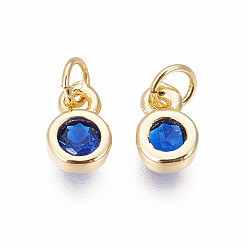 Blue Brass with Single Cubic Zirconia Charms, Single Stone Charms, Flat Round, Golden, Blue, 6.5x4.5x2mm, Hole: 2.5~3mm