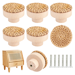 BurlyWood 6 Sets Wood Box Handles & Knobs, Cover with Rattans, Flat Round, BurlyWood, 4x3cm, Hole: 3.5mm
