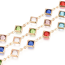 Light Gold Цепи из латуни с ромбами ручной работы, со стеклом, пайки, с катушкой, золотой свет, 15x9x2.5 мм, около 16.40 футов (5 м) / рулон