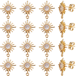 Настоящее золото 18K 20шт. латунные микропрозрачные кубические циркониевые серьги-гвоздики, с латунными фрикционными гайками 20шт., без никеля , солнце, реальный 18 k позолоченный, 14.5x12.5 мм, отверстие : 1 мм, штифты : 0.7 мм