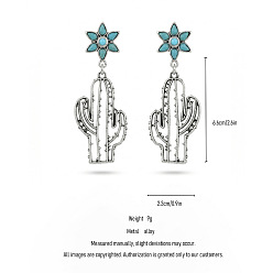 Cactus Alloy Resin Stud Dangle Earrings, Antique Silver, Cactus, 66x23mm