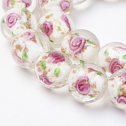 White Handmade Gold Sand Lampwork Beads Strands, Inner Flower, Round, White, 12.5~13.5mm, Hole: 1.5mm, about 28pcs/strand, 14.88 inch(37.8cm)