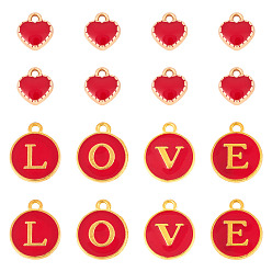 Красный 32 шт. 5 стили позолоченные сплавы эмалевые подвески, плоский круг с надписью «любовь» и сердцем, красные, 8~14x7.5~12x2~2.5 мм, отверстие : 1.5 мм