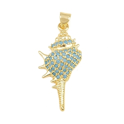 Golden Brass Micro Pave Sky Blue Cubic Zirconia Pendants, Conch Shell Shape Charms, Golden, 34x16x6mm, Hole: 4x3mm