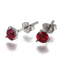 Красный Латунь кубического циркония серьги стержня, серьги-гвоздики с завинчивающейся задней крышкой, со шпилькой из стерлингового серебра и ушными гайками, плоско-круглые, серебряный цвет гальваническим, красные, 925 мм, штифты : 16x5.5 мм