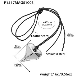 Сердце 304 Женские ожерелья с подвеской из нержавеющей стали, регулируемые, черного вощеного шнура, цвет нержавеющей стали, сердце, 51.97 дюйм (132 см)