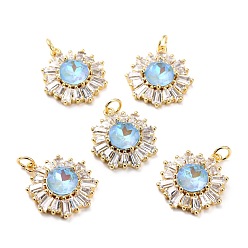 Light Sky Blue Brass Micro Pave Cubic Zirconia Pendants, Long-Lasting Plated, Real 18K Gold Plated with Glass, Snowflake, Light Sky Blue, 21.2x17.5x6.7mm, Hole: 3.6mm