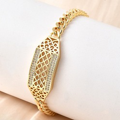 Rectangle Латунные браслеты с микропаве из чистого кубического циркония, браслеты из цепочек панцирного плетения для женщин, стойки покрытие, долговечный, без свинца и без кадмия, реальный 18 k позолоченный, прямоугольные, 7-1/4 дюйм (18.4 см)