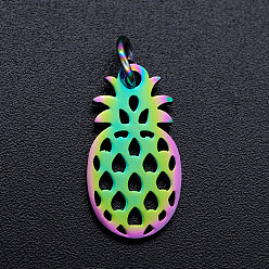 Rainbow Color Ionenbeschichtung (IP) 201 Edelstahlanhänger, mit Ringe springen, Ananas, Regenbogen-Farb, 17.5x9x1 mm, Sprungring: 5x0.8 mm, Innendurchmesser: 3 mm