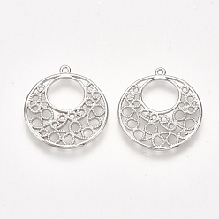 Real Platinum Plated Brass Filigree Pendants, Flat Round, Nickel Free, Real Platinum Plated, 21~22x19~20x1mm, Hole: 1mm